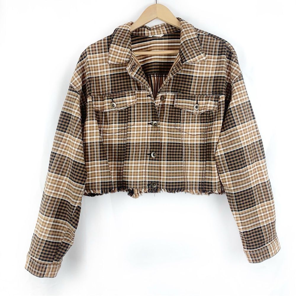 Cato Plaid Cropped Button Front Jacket Shacket Fringe Trim, Size XL